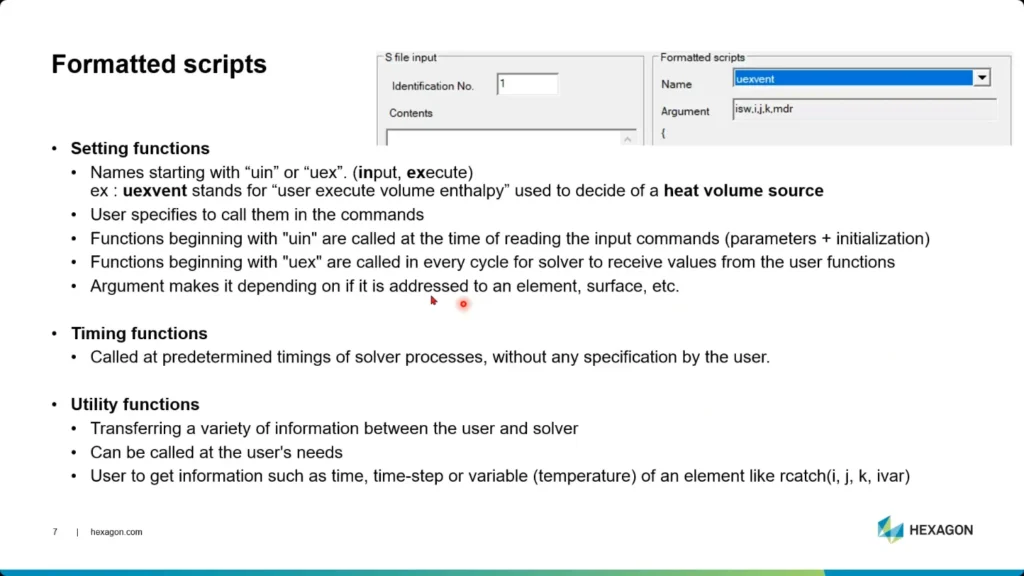 A PowerPoint slide explains "Formatted scripts" in a software, listing key points and showing a screenshot of a user interface for inputting a numeric value—ideal for topics like the scFLOW thermostatic control script.