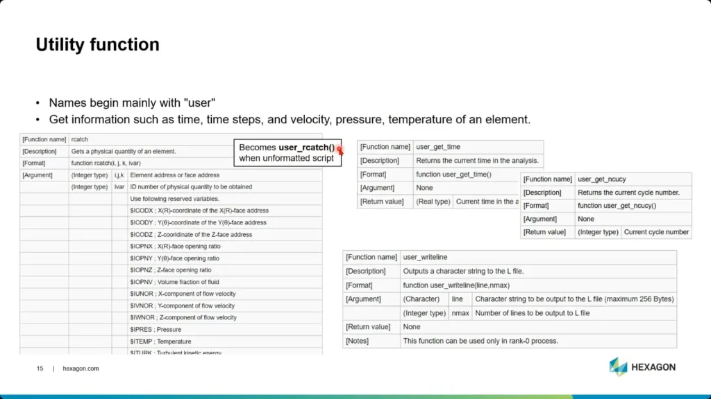 Slide detailing retrieval of physical quantities via utility functions.