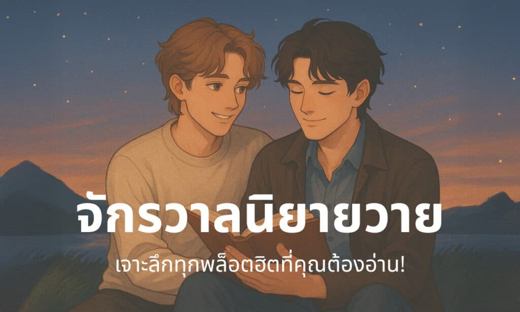 Two young men sit close together outdoors at dusk, smiling as they read a book, with Thai text about popular young adult novels overlaid on the image.