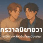 Two young men sit close together outdoors at dusk, smiling as they read a book, with Thai text about popular young adult novels overlaid on the image.