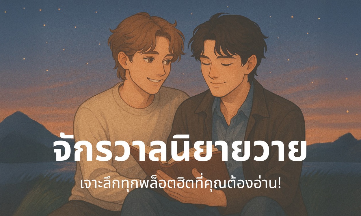 Two young men sit close together outdoors at dusk, smiling as they read a book, with Thai text about popular young adult novels overlaid on the image.