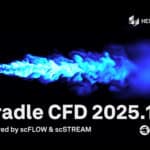 A promotional graphic for Cradle CFD 2025.1 by Hexagon, featuring a blue fluid simulation and text about scFLOW and scSTREAM, with Cradle CFD 2025.1 branding and company logos.
