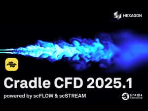 A promotional graphic for Cradle CFD 2025.1 by Hexagon, featuring a blue fluid simulation and text about scFLOW and scSTREAM, with Cradle CFD 2025.1 branding and company logos.