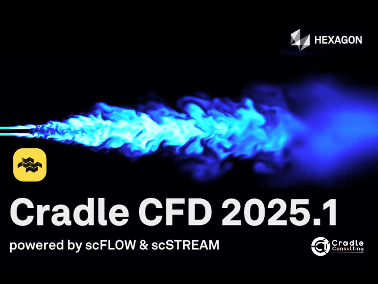A promotional graphic for Cradle CFD 2025.1 by Hexagon, featuring a blue fluid simulation and text about scFLOW and scSTREAM, with Cradle CFD 2025.1 branding and company logos.