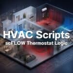 A 3D floor plan of a modern home with colored airflow paths and the text "HVAC Scripts scFLOW Thermostat Logic" overlaid, highlighting features from Cradle CFD 2025.1.