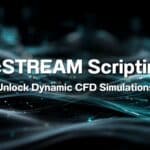 Text "scSTREAM scripting Unlock Dynamic CFD Simulations" over a background of swirling blue and black digital waves.
