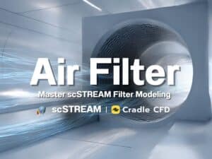 Air flows through a large square air filter in a simulation, with the text "Air Filter: Master scSTREAM Filter Modeling," วิธีการ Model Air Filter ใน scSTREAM, and logos for scSTREAM and Cradle CFD overlaid.