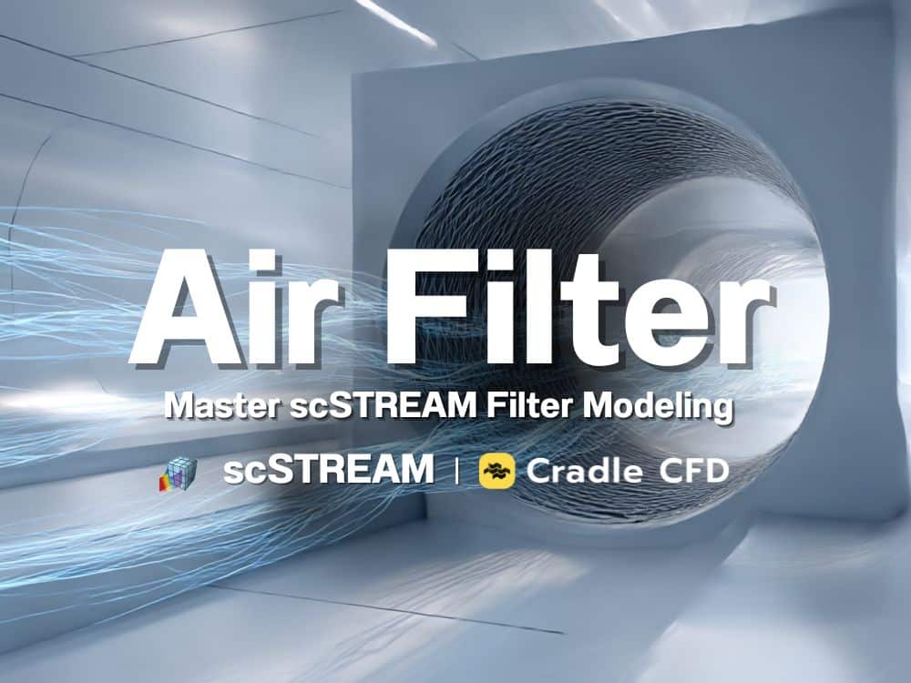 Air flows through a large square air filter in a simulation, with the text "Air Filter: Master scSTREAM Filter Modeling," วิธีการ Model Air Filter ใน scSTREAM, and logos for scSTREAM and Cradle CFD overlaid.