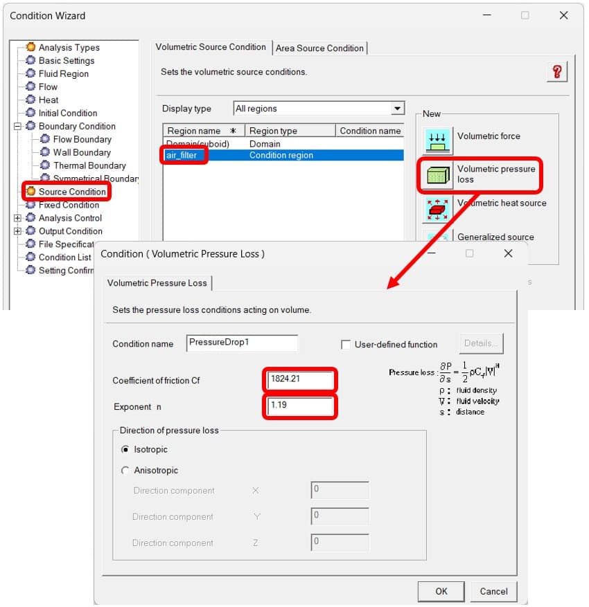 A software interface shows settings for a volumetric pressure loss condition, highlighting entry fields for coefficient of friction (1824.21) and exponent (1.19), useful when learning how to model air filter in scSTREAM simulations.
