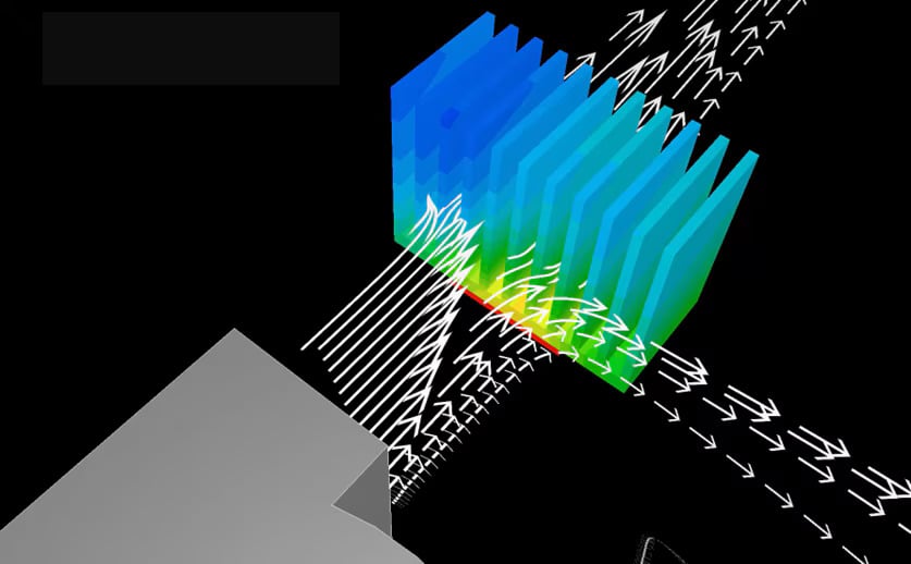 Cradle CFD 2025.1 airflow simulation around heat sink using streamline and temperature field visualization.