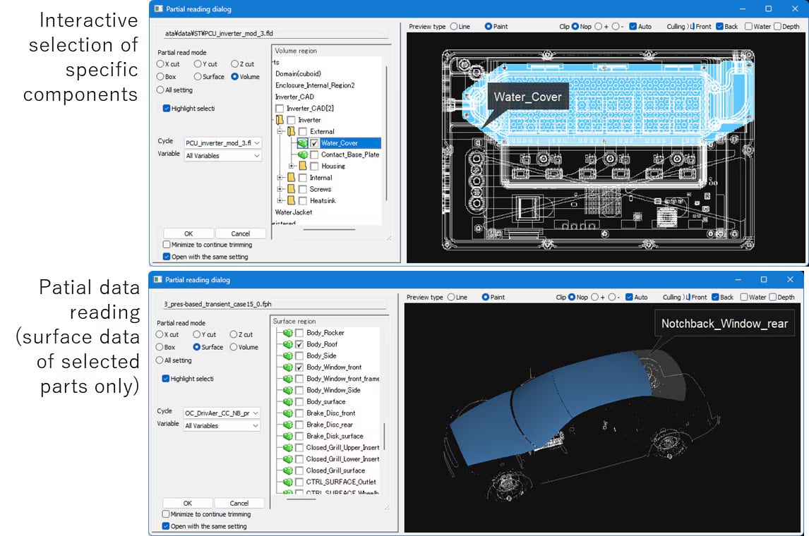 Cradle CFD 2025.1 post-processing dialog for partial data reading and interactive component selection in large 3D CAD models.
