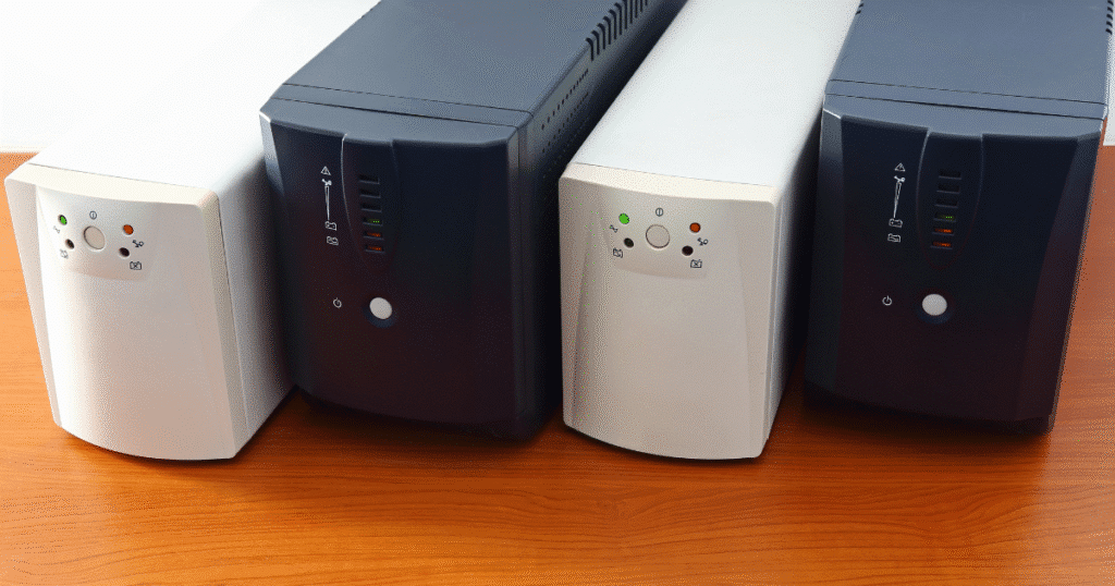 Four uninterruptible power supply (UPS) units are placed side by side on a wooden surface, similar to how equipment is modeled in วิธีการ Model Air Filter ใน scSTREAM for efficient airflow analysis.