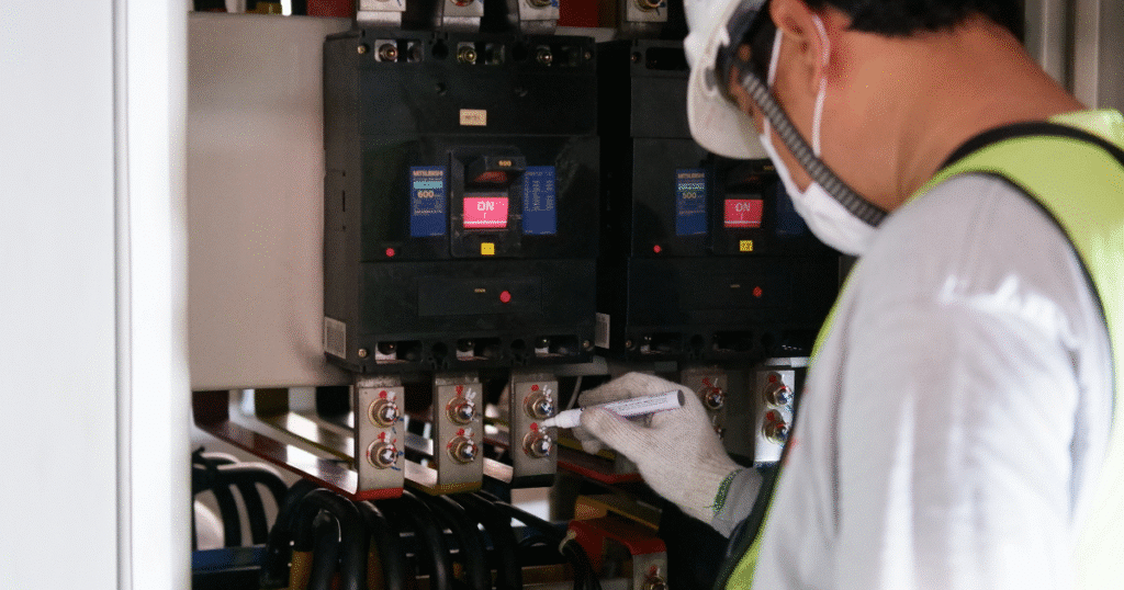 A worker wearing safety gear inspects or adjusts switches on an electrical panel using a screwdriver, similar to the careful process of implementing วิธีการ Model Air Filter ใน scSTREAM for system efficiency and safety.