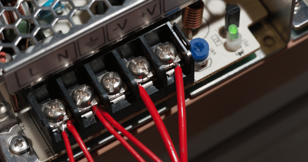 Close-up of red wires connected to a terminal block on an electronic circuit board, with visible screws, labels, and components—similar to wiring details needed when learning วิธีการ Model Air Filter ใน scSTREAM.