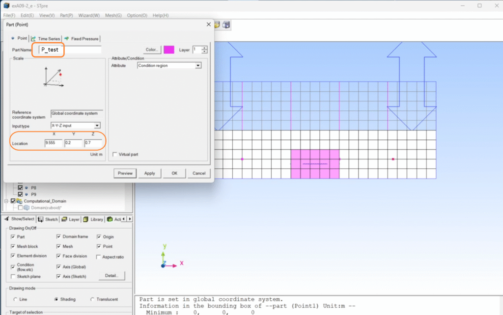 A simulation software interface shows a dialog box for setting a test point location at coordinates X: 2, Y: 2 on a grid, with the selected region highlighted in pink—ideal for tasks like learning how to model air filter in scSTREAM.