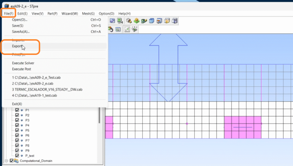 A software window shows a grid diagram on the right and the File menu open on the left, with the Export option highlighted by an orange outline—perfect for learning how to model air filter in scSTREAM.