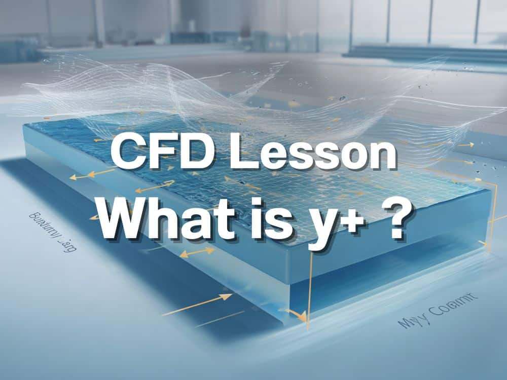 A digital illustration presents a fluid dynamics simulation, with the question "What is y+?" and "CFD Lesson" overlaid on the image.