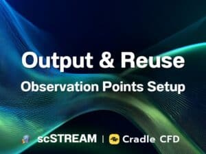 Text "Output & Reuse Observation Points Setup" with scSTREAM and Cradle CFD logos on an abstract blue and green wave background, highlighting how to output points coordinate in scSTREAM for streamlined analysis.