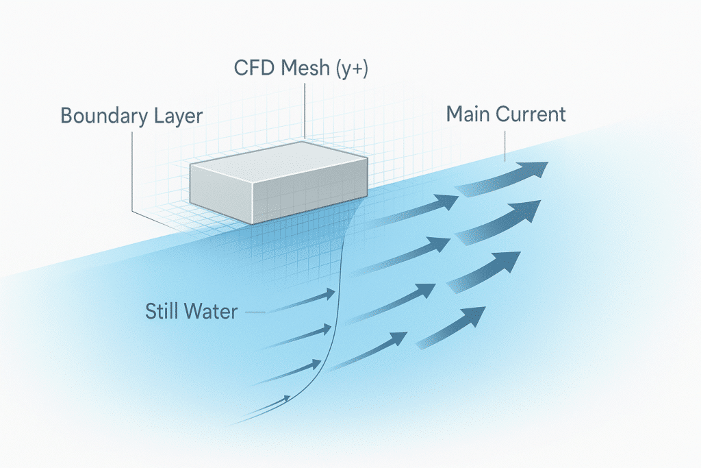 Diagram showing a rectangular object in water with labeled boundary layer, CFD mesh (What is y+?), still water, and main current indicated by arrows.
