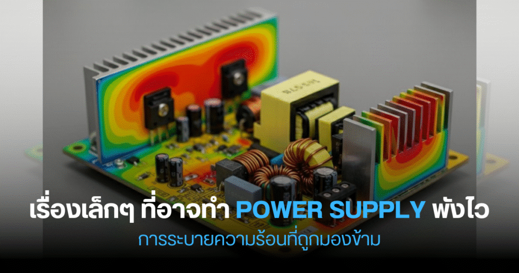 A close-up view of an electronic power supply circuit board with various components, including heat sinks, capacitors, and coils, with Thai text referencing วิธีการ Model Air Filter ใน scSTREAM overlaid.