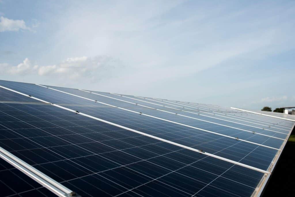 Rows of solar panels are installed outdoors under a clear sky, capturing sunlight and generating renewable energy.